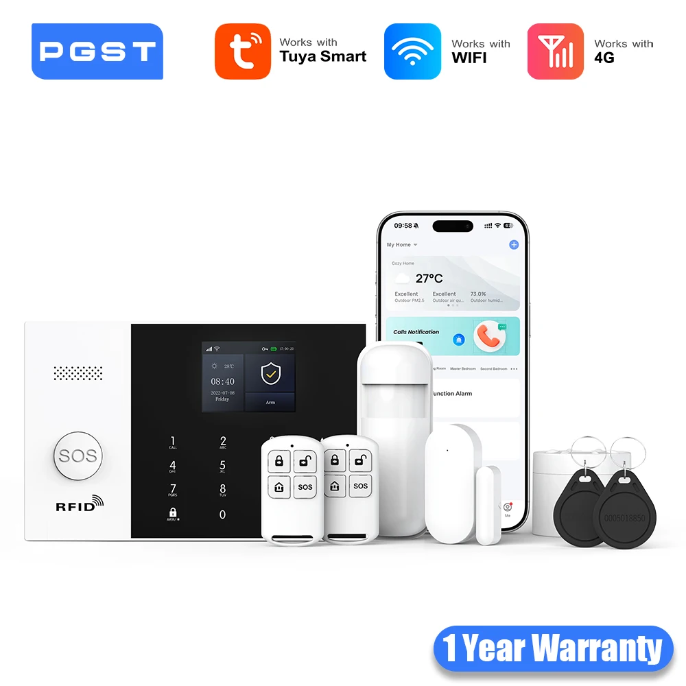 PGST 4G WiFi Smart Life Alarm Security System Kit Set Tuya Alexa Home Automation Alarm Security Protection Door Motion Detector