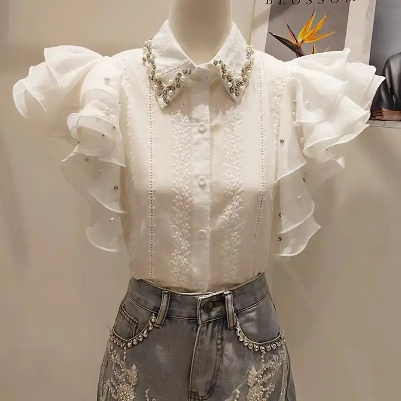 2025 New Irregular Heavy Industry Diamond-encrusted Summer Short Bubble Sleeve Shirt Ruffle Leaf Fashion Top Shirt For Women