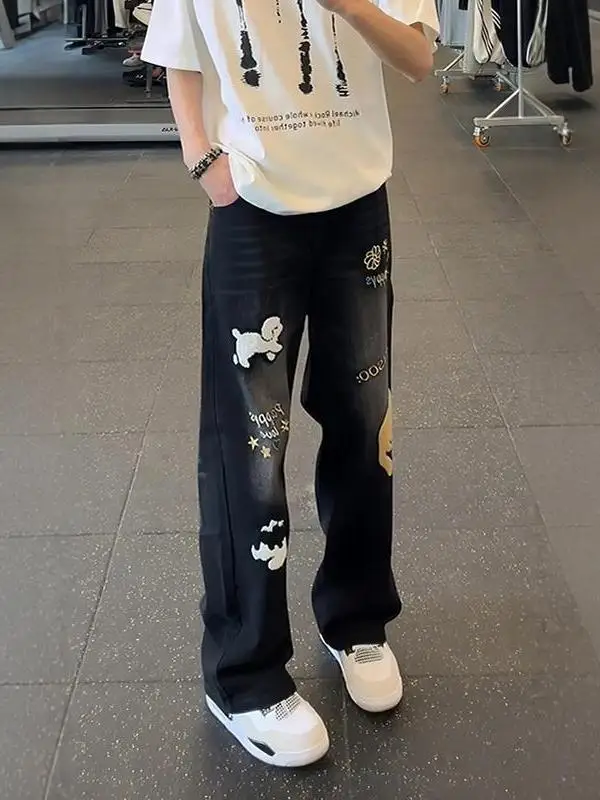 

Summer Thin Loose Wide Leg Jeans for Men Casual Straight Tube Pants Youth Fashion American High Street Style Towel Embroidery