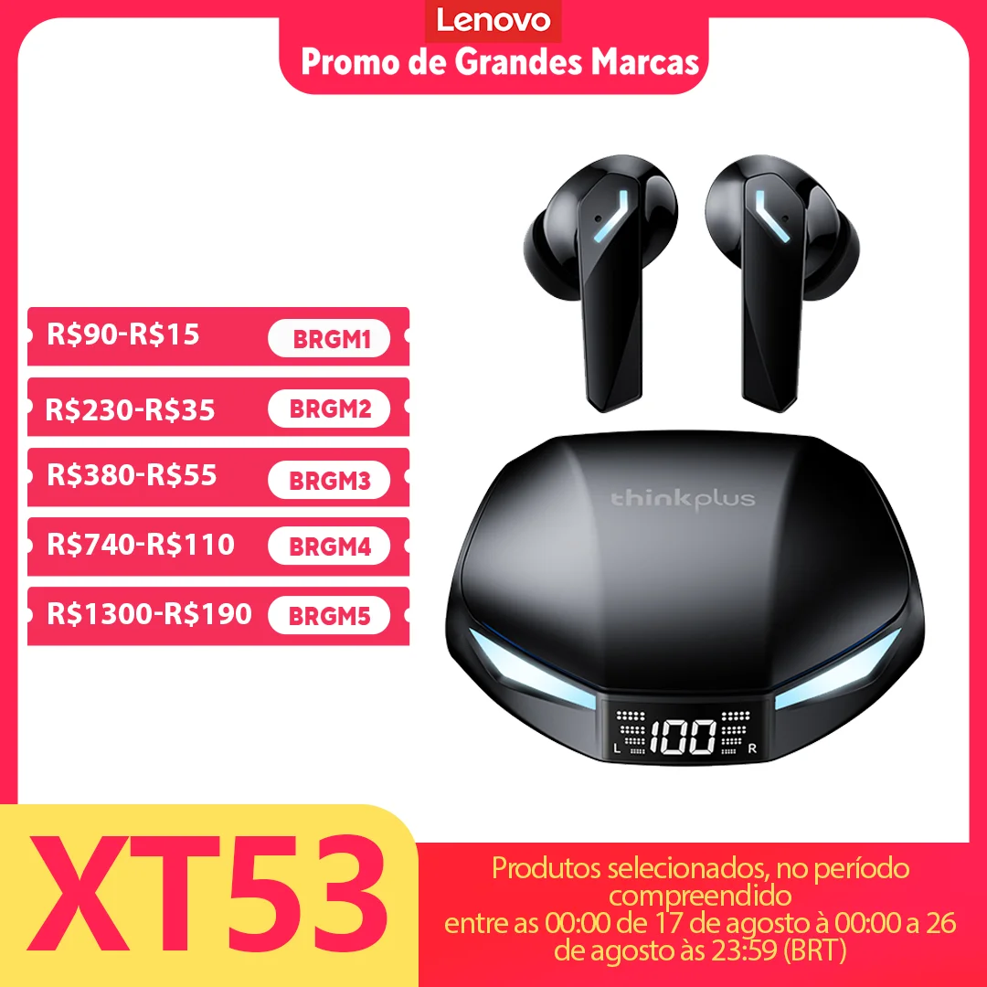 Fones de Ouvido Sem Fio Lenovo XT53 TWS Bluetooth V5.4 com Display Digital LED, Redução de Ruído, Headsets GM2 PRO Atualizados