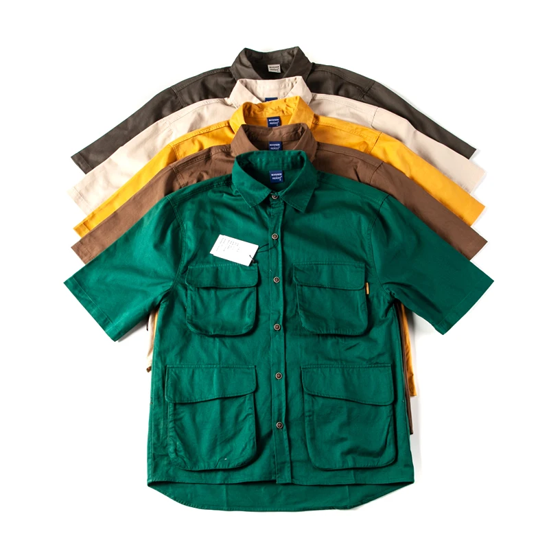 

Летняя свободная мужская рубашка с коротким рукавом, однотонная, с множеством карманов, в стиле рабочей одежды, ретро, функциональная, модная, брендовая, молодежная.