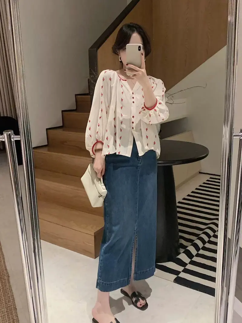 New Long-Sleeved Loose Slimming Look Shirt Printed Cute and Sweet Design Pastoral Style Versatile Shirt