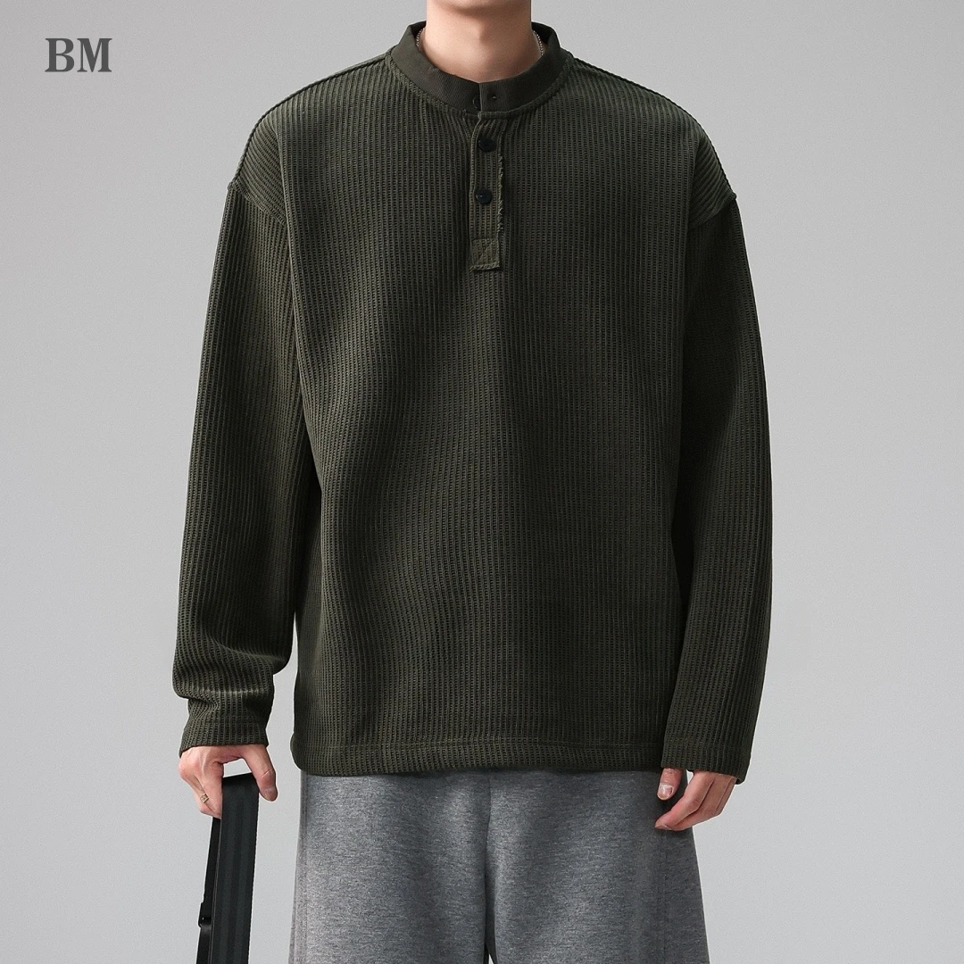 Camisa Henley de manga larga para hombre, de tejido tipo gofre, de un solo color, talla grande, corte holgado, estilo americano vintage, moderna, ideal para primavera y otoño, de color negro, para hombre.
