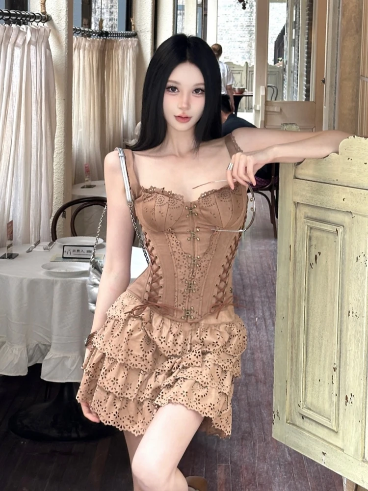 

Women Tierred Ruffles Skirt Two Piece Sets Sexy Straps Lace-up Corset + Mini Hollow Out A-line Skirts Suits Evening Club Party