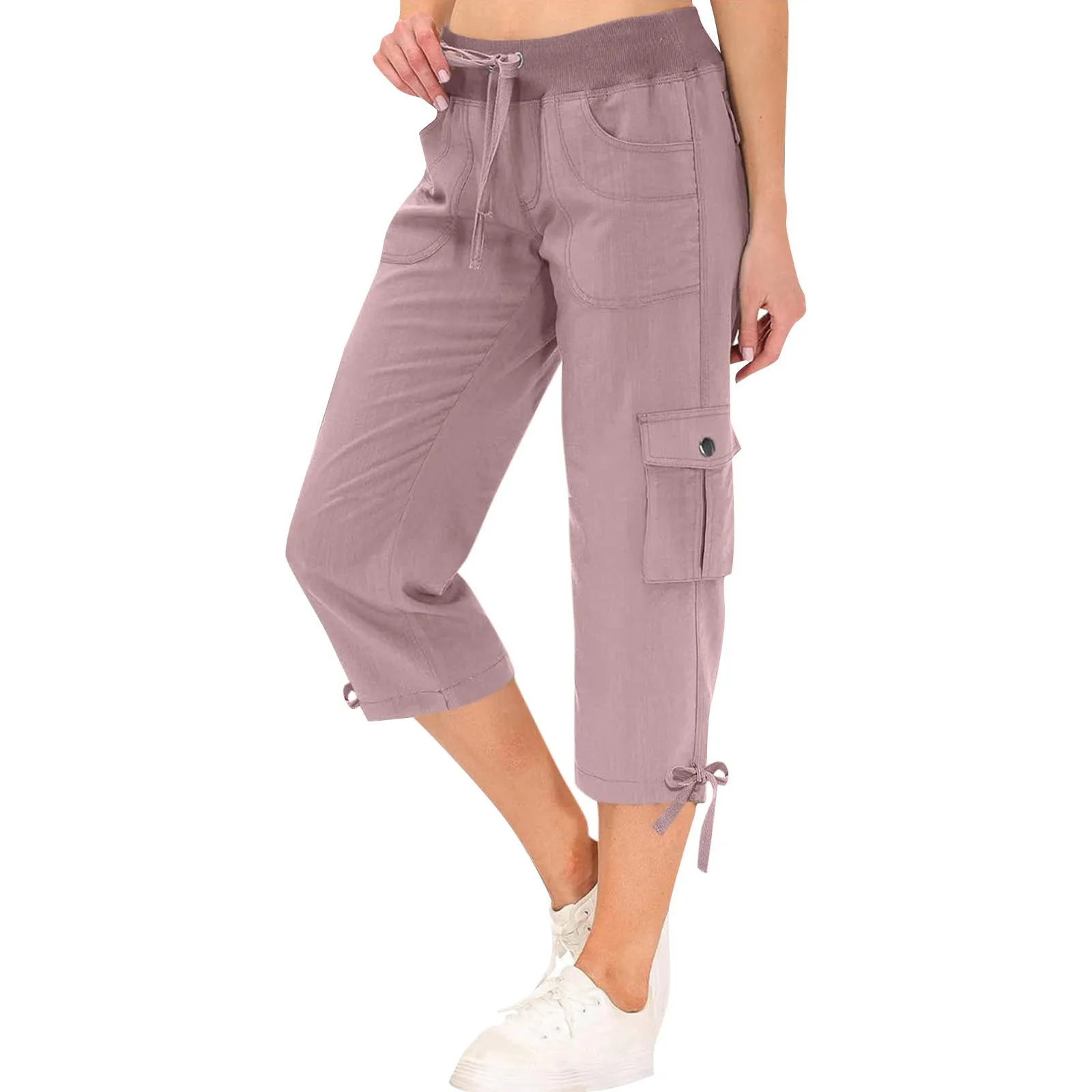 

High Waist Cargo Capris Pants Summer Casual Drawstring Solid Sweatpants Hiking Pants For Women Pockets Cropped Pants Trousers