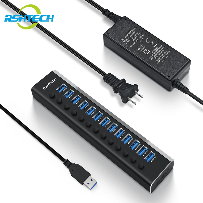 

RSHTECH USB-концентратор, алюминиевый 13/16-портовый разветвитель USB 3.0, передача данных 5 Гбит/с с индивидуальными переключателями включения/выключения для ПК, ноутбука