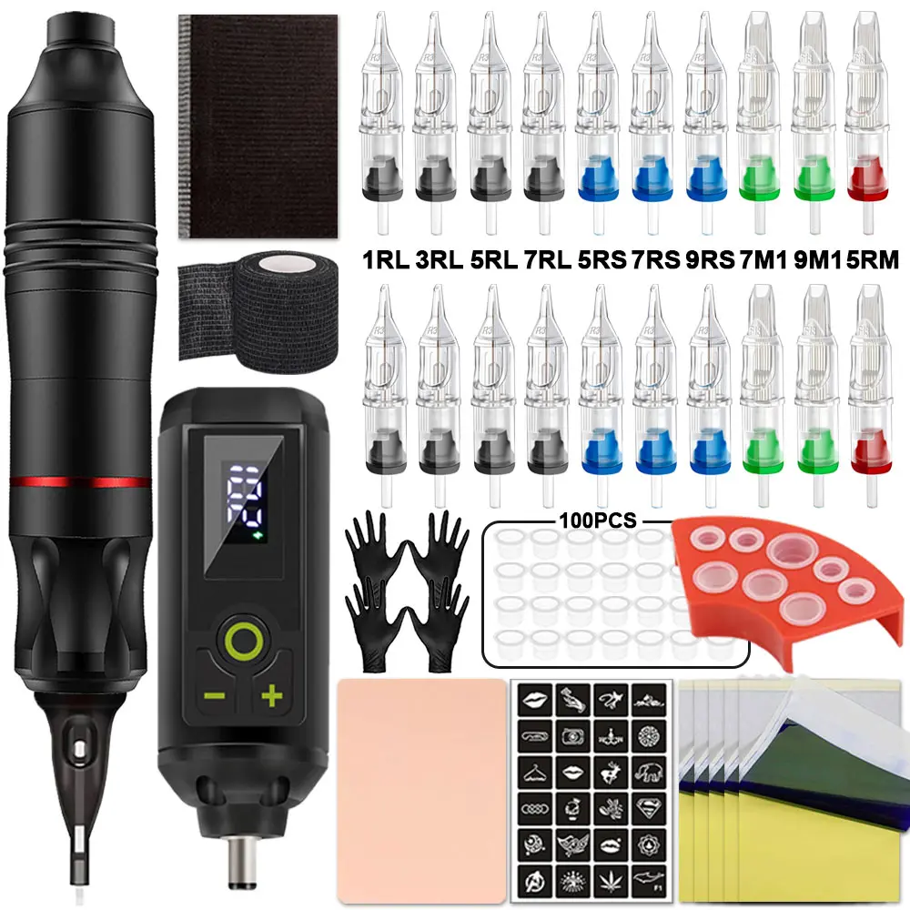 

Wireless Tattoo Kit Rotary Tattoo Pen Machine Kit With Wireless Tattoo Power Supply Cartridge Needle Beginner&Artist Tattoo Set