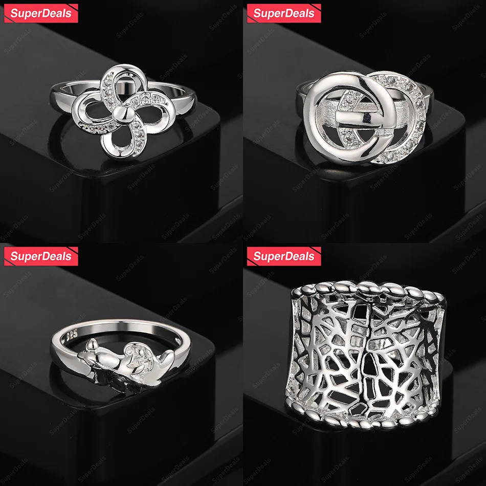 

SuperDeals 925 Sterling Silver Flower Double Hoop Irregular Grid Curve Round Ring Women Engagement Party Classic Jewelry
