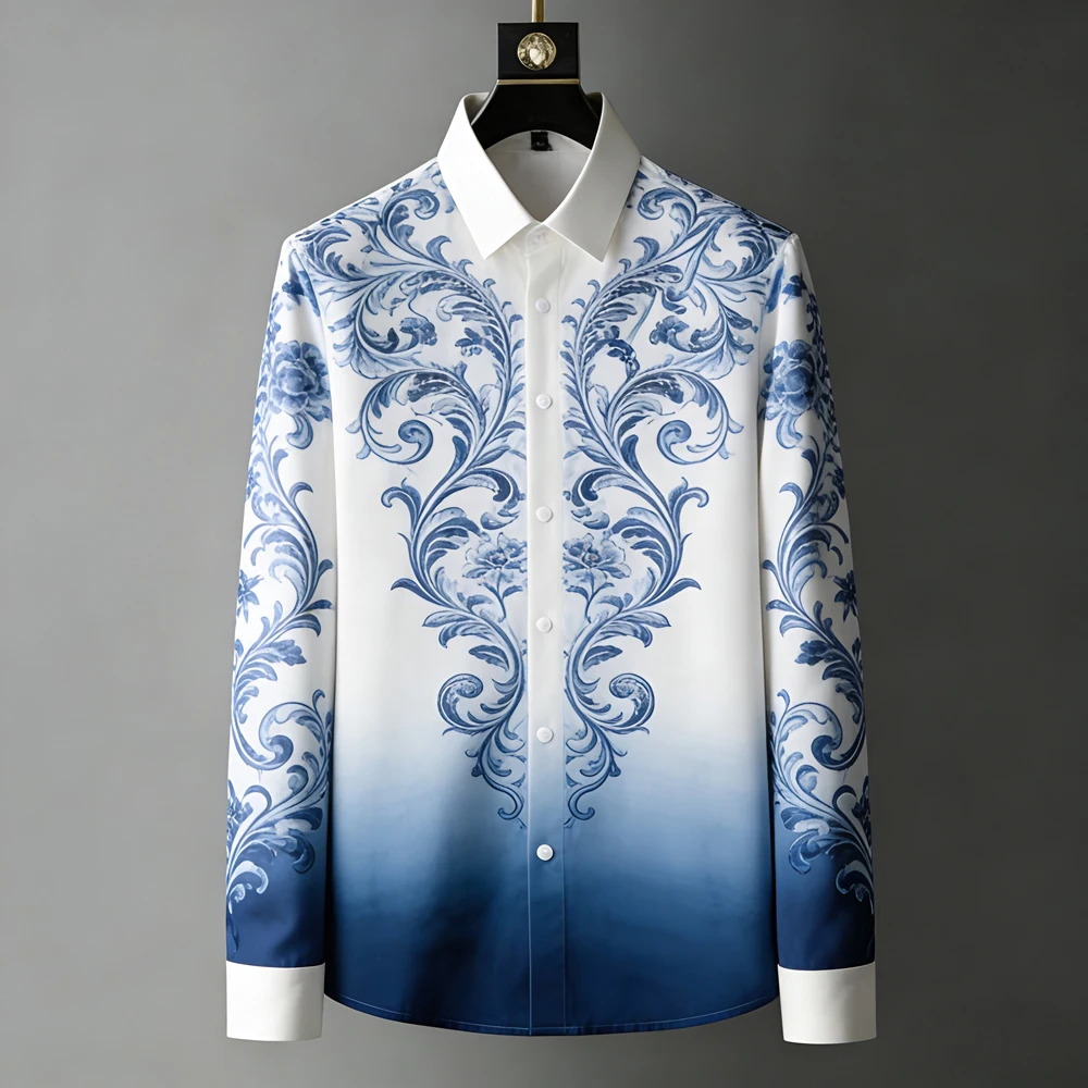 الرجال الخفيفة الفاخرة الريف الأمريكي ثلاثية الأبعاد قميص مطبوع كم طويل التلبيب زر هاواي شاطئ قميص في الهواء الطلق حفلة الرجال