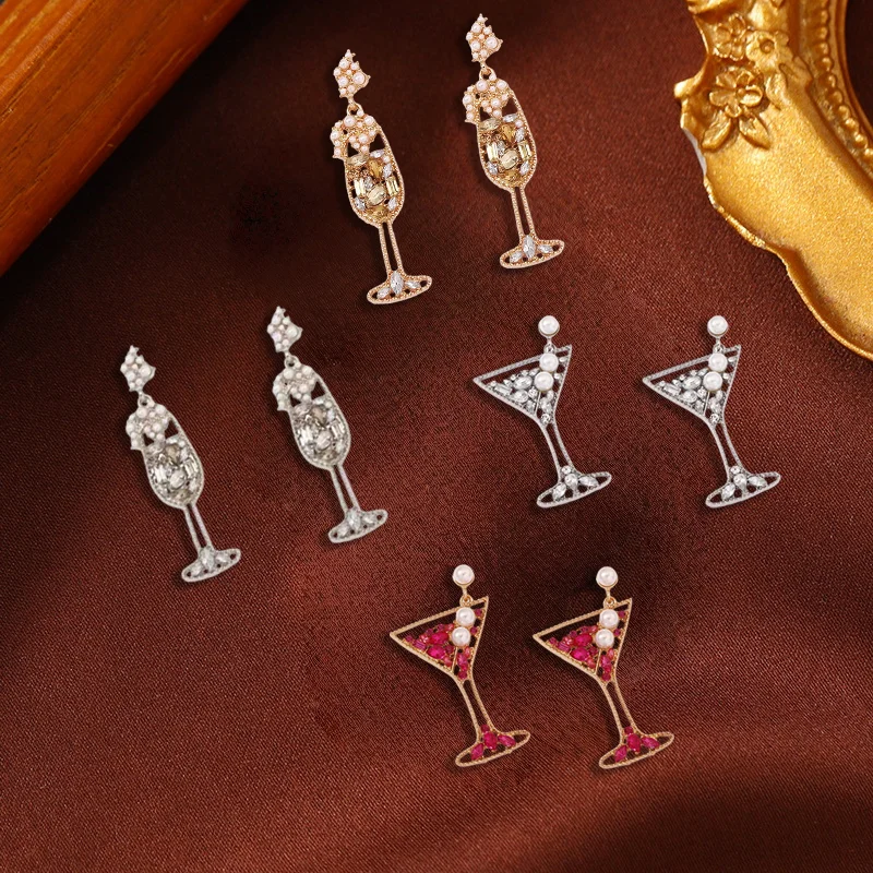 Cross-border personalized retro exaggerated geometric champagne cup, diamond-encrusted hollow alloy earrings