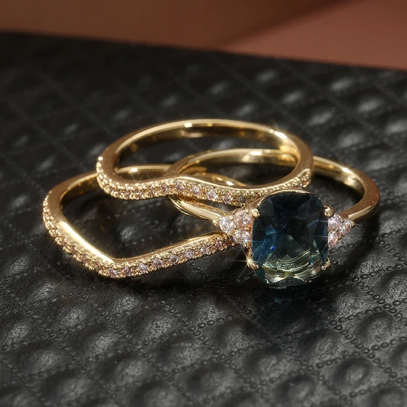 3pcs/set Elegant Ring Sets Teal Sapphire Engagement Ring Ladies' Engagement Banquet Wedding Ring Gorgeous Jewelry Accessory
