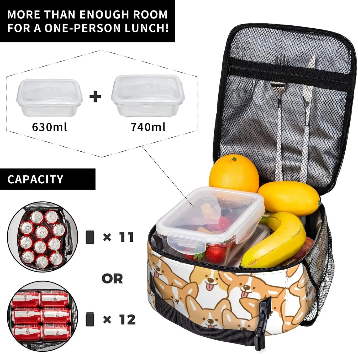 Lovely Corgi Insulated Lunch Box Waterproof Tote Bag Reusable Lunch Cooler Bag with Side Pockets for Work Picnic Travel