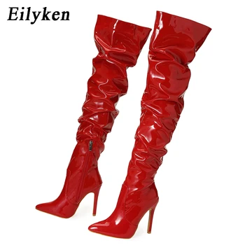 Eilyken rouge femmes sur le genou bottes talons hauts en cuir verni solide bout pointu Stiletto côté fermeture éclair Sapatos Femininos
