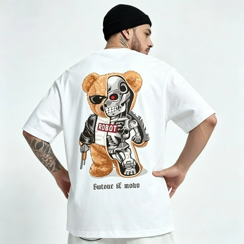 American Vintage Diamond Skeletal Bear Print Tee  Men Cotton Oversized Fashion T-shirt Loose Versatile Trend Couple Outfit