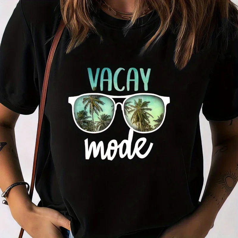 

Женская футболка с круглым вырезом и принтом Vacay Mode, повседневная футболка с коротким рукавом на весну и лето, женская одежда, женские топы, футболки