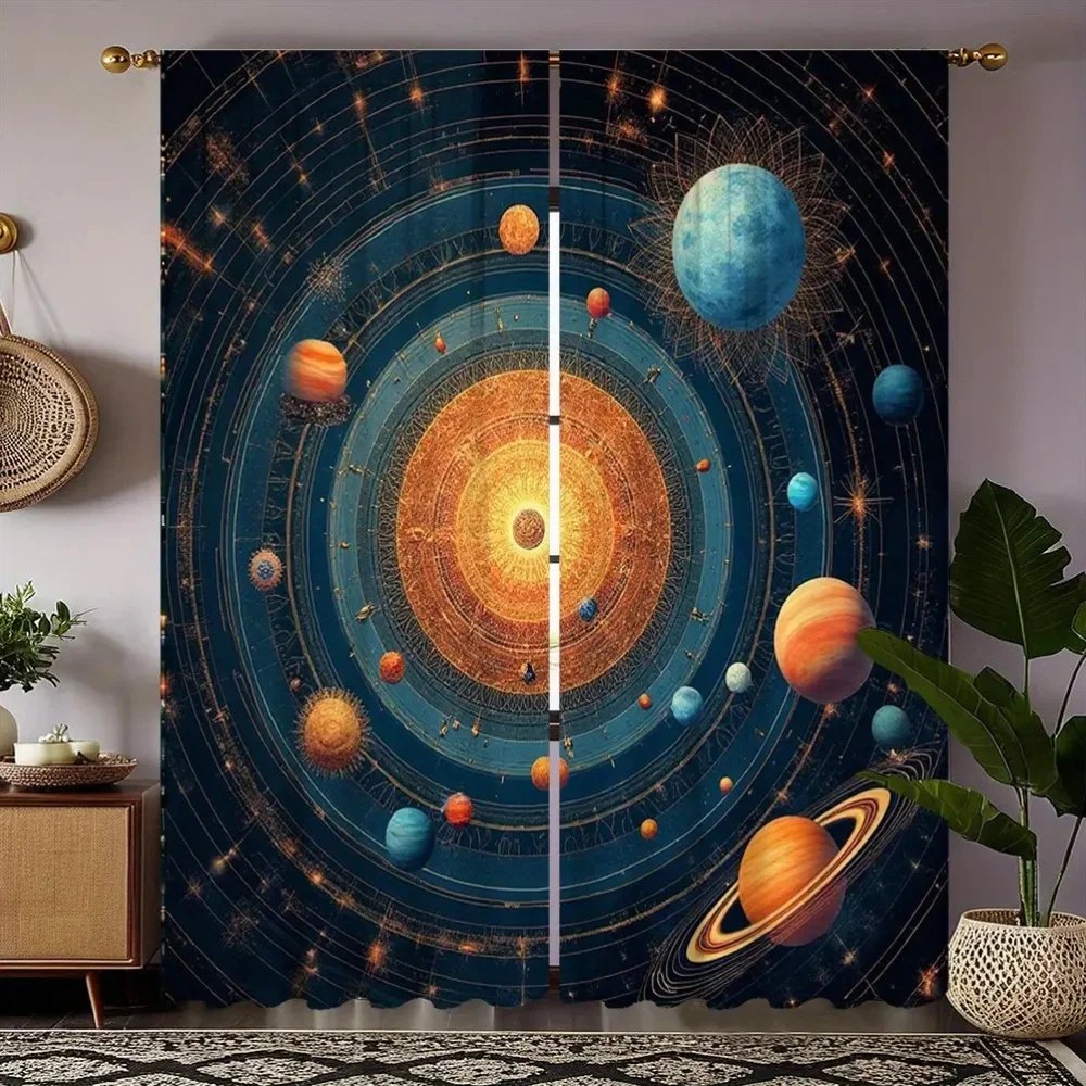 2pcs Space-Themed Curtains - Cosmic Sun System with Planets, Stars & Galactic Elements, Semi-Transparent Polyester Fabric