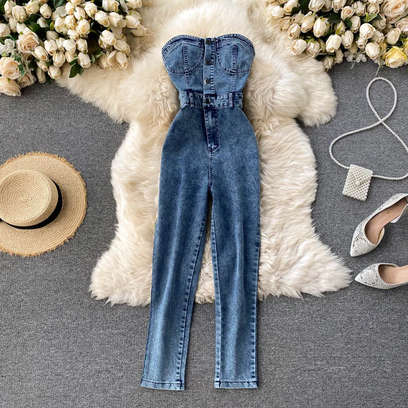 

Sexy Chic One-Piece Pantsuit oulder Bared Strapl Denim Women's High Waist Straight Leg Long Trousers Retro Hong Kong Sle
