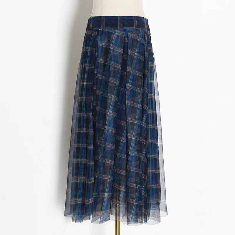 TWOTWINSTYLE Plaid Patchwork Mesh Women's Skirts High Waist Hit Color Elegant A Line Skirts Female 2020 Spring Fashion New