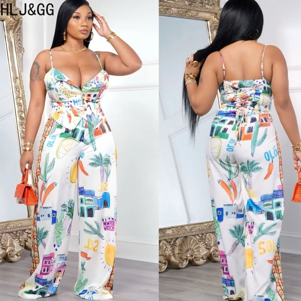 

HLJ&GG Fashion Pattern Print Vacation Wide Leg Pants Two Piece Sets Women V Neck Thin Strap Sleeveless Crop Top And Pants Outfit