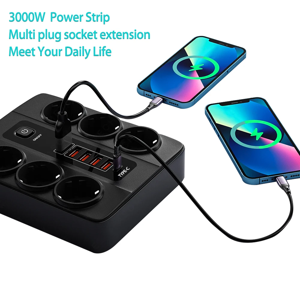 EU Plug Power Strip with 6 AC Outlets 5 USB Port 1 Type C Power Extension Cable Multi Socket Network Filte with Switch for Home