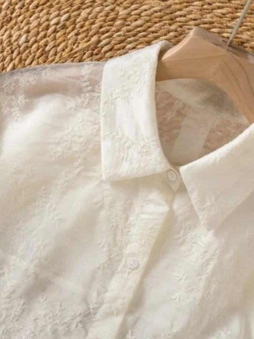 Elegant Korean Style White Heavy Embroidery Lace Collar Shirt Women Summer New Asymmetric Long Sleeve Blouse Breathable Cotto...