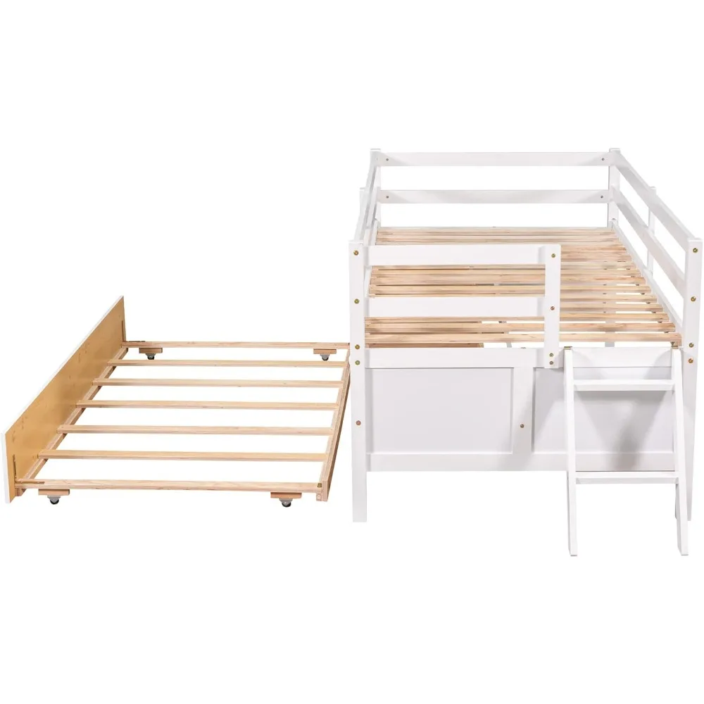 bed，Twin Loft Bed with Trundle Solid Wood and Sturdy Low Loft Bed Frame with Ladders/Storage Drawer/Guard Rails for Boys Girls