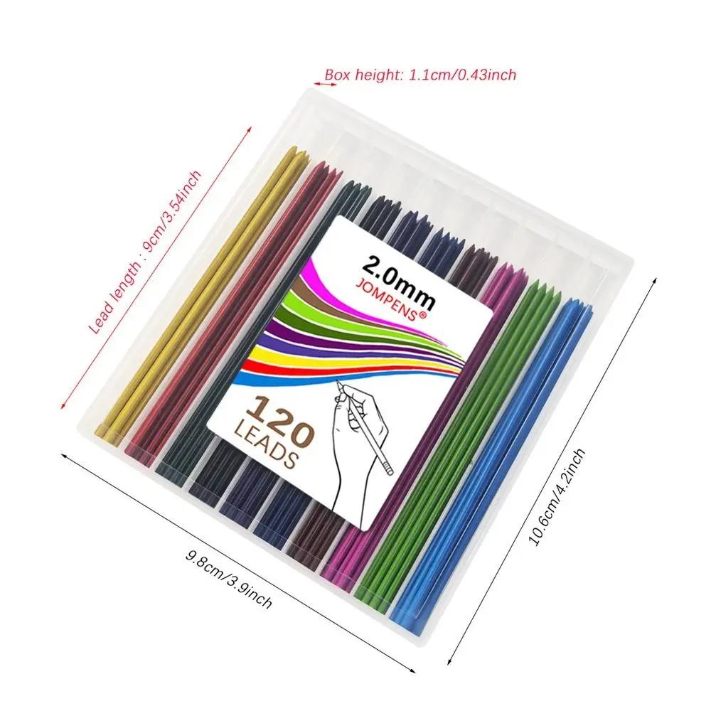 120 peças 2.0mm recarga de lápis de chumbo 10 cores lápis mecânico de grande capacidade chumbo arte esboço desenho suprimentos