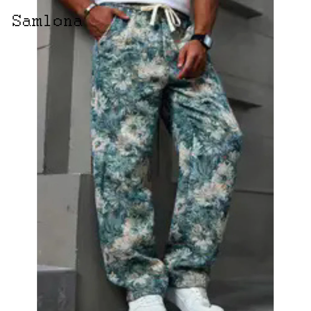 

Мужские повседневные пляжные прямые брюки с карманами-стойкой, богемные брюки с цветочным принтом, 2021, европейский модный стиль, базовые брюки на шнурке