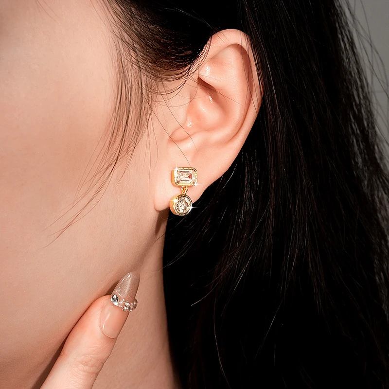 Rrjzz 5 mm runder Moissanit-Ohrring mit 4 x 6 mm Smaragdschliff, kubischer Zirkonia, Verlobungs-Ohrstecker für Frauen, baumelnde Ohrringe, Schmuck, Geschenke – Detail 10
