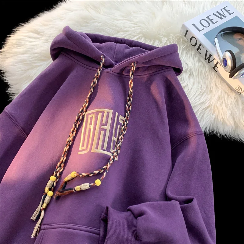 Purple Men's Sweatshirt Loose Fit Hooded Thickened Fleece Lined American Style Fall Winter 2023 New Trendy Brand Wear Jacket