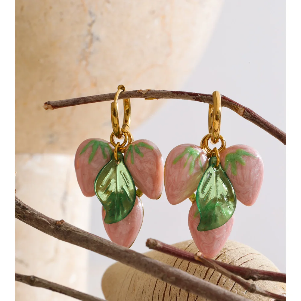 Yhpup Pink White Color Stainless Steel Strawberry Drop Hoop Earrings for Women Summer Fruit Cute Trendy Jewelry Accessories