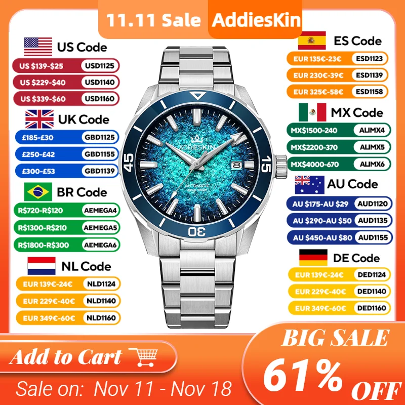AddiesKin K005 Luxury Men's Automatic Watch Gradient 3D Embossed Dial Miyota 9015 Sapphire Crystal BGW9 Luminous 200M Waterproof