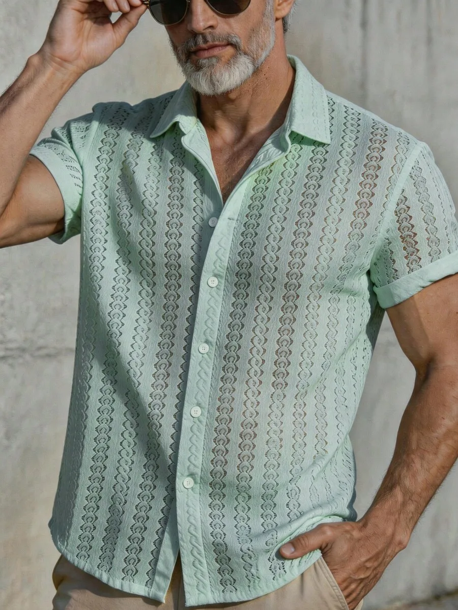 GOLDREDY Men's Solid Color Knit Hollow-Out Jacquard Short Sleeve Shirt, Casual Fashion Minimalist Style For Daily Wear,