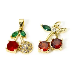 2pcs Mini Brass Charms Gold Color Cherry Fruit Micro Pave Clear Cubic Zirconia Red Rhinestone Pendants DIY Necklace Jewelry Gift