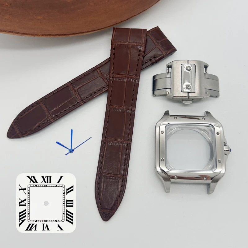 Top 38mm Gold Black Square Watch Case Leather Strap for Sandoz NH36 NH35 NH70 Movement 27mm Watch Dial Hands Repair Modification