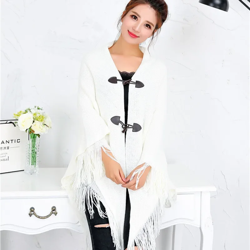 

Spring Autumn New Style Shawl Cape Tassel Ox Horn Buckle Solid Color Irregular Double-Layer Tassel Cloak Shawl Sunscreen White