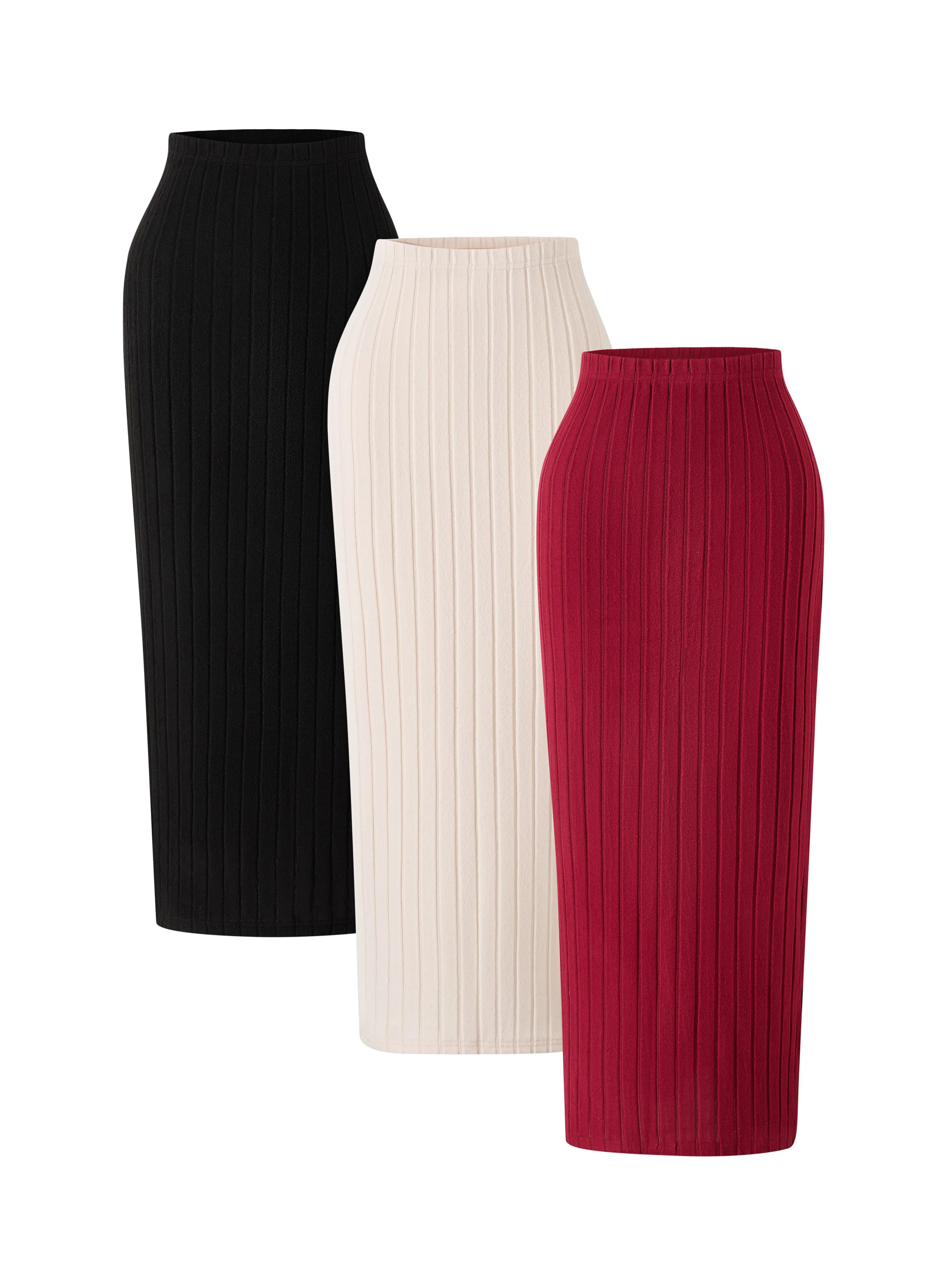 

2025 Women's Fashion Solid Color elastic waist ribbed Long Casual Skirt 3-piece Set Long Dress for women