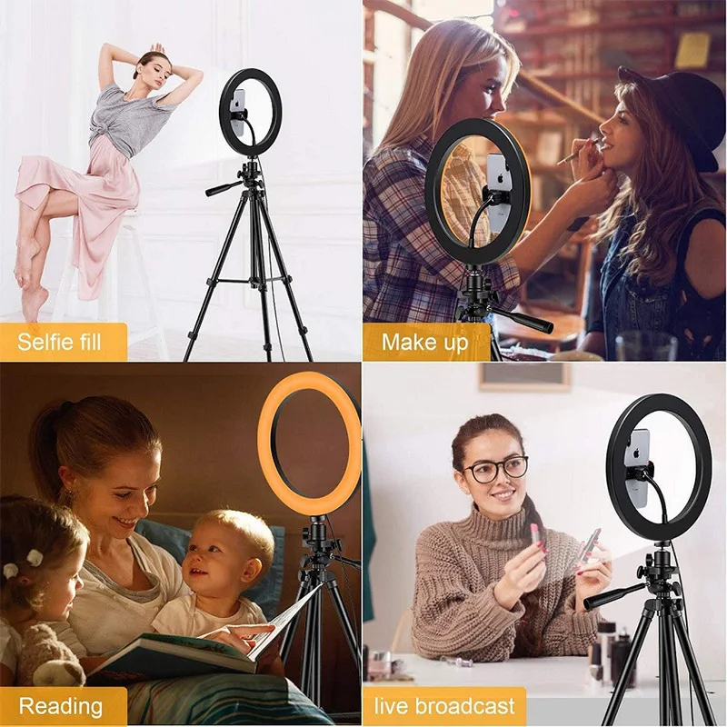 LED selfie Ring Light com tripé ajustável, lente do telefone, lâmpada de controle remoto, iluminação fotografia, stand titular, carregador USB, 26cm