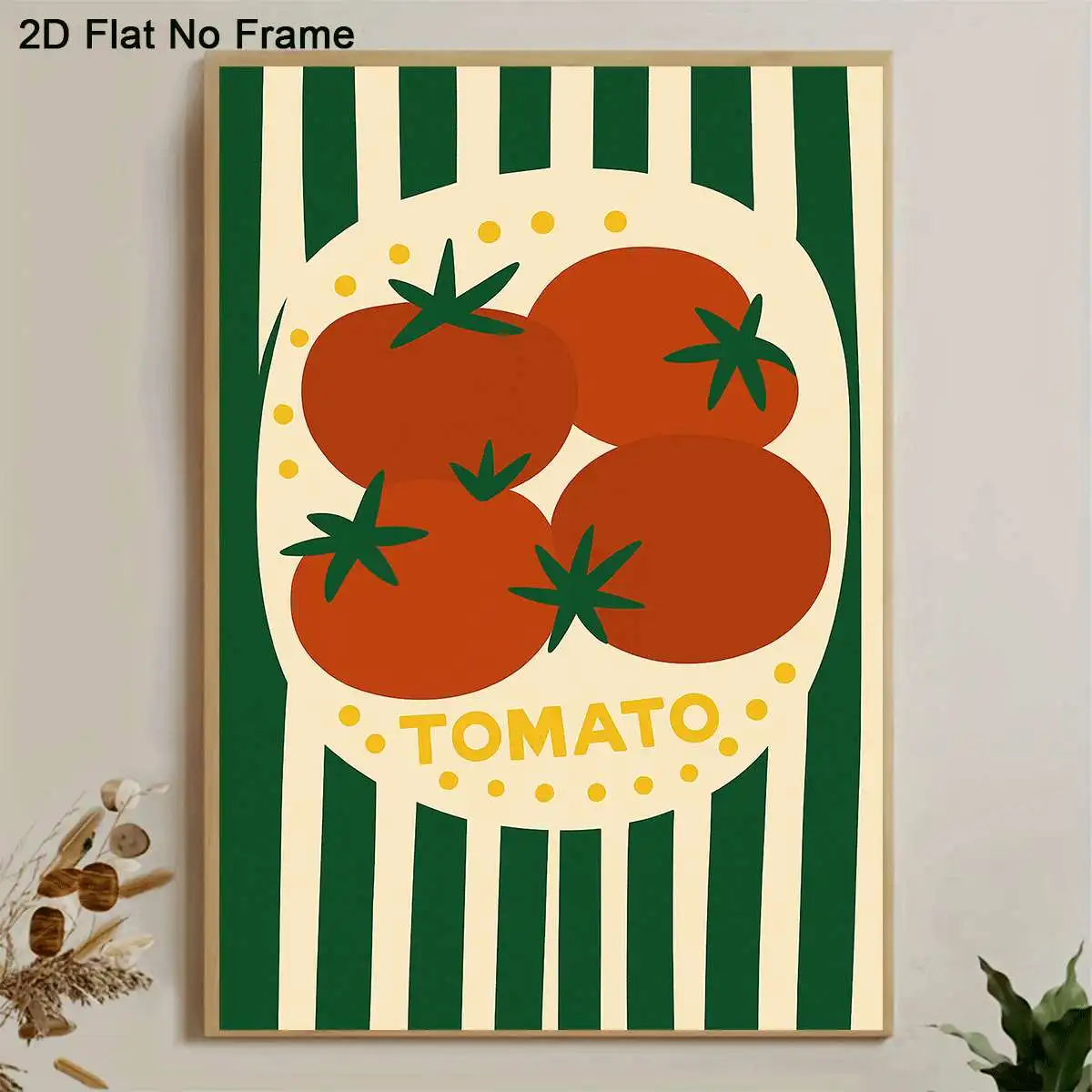 2D Flat, 1pc Frameless Canvas Poster, Four Red Tomatoes with Green Stems and the Word TOMATO Against a Striped Green and Beig