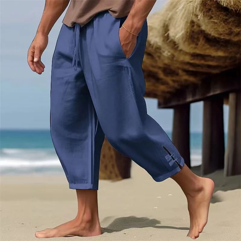 2024 Summer Mens Linen Cropped Pants Oversize Loose Feet Forked Pencil Pant Fashion Casual Pantalones Beach Trousers Streetwear1