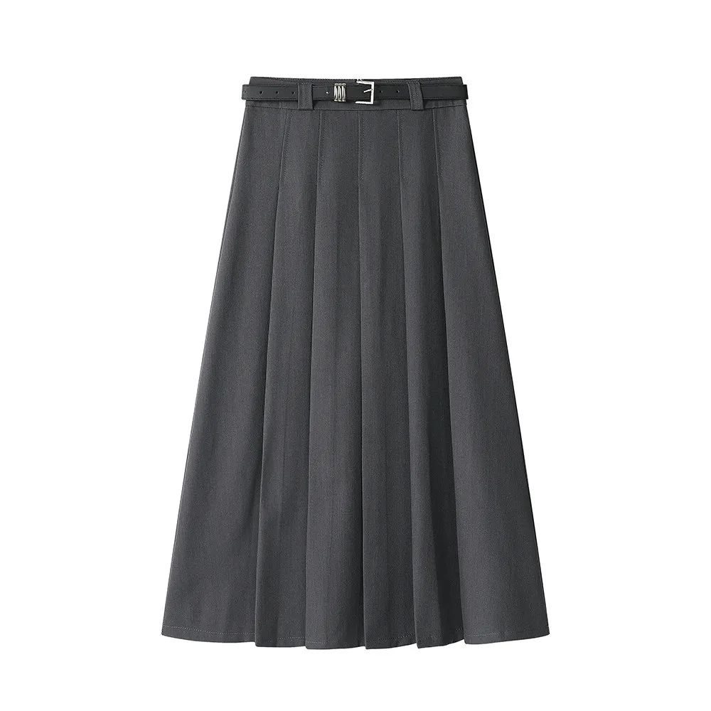 Langer Rock für Damen Herbst Winter 2026 Neuerscheinung Hochtaillierter Plisseerock mit Gürtel in Grau oder Schwarz Damenrock Bestseller – Detail 10