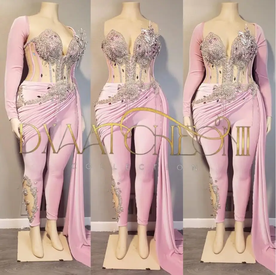 Pink Aso Ebi Corset Jumpsuit Prom Dresses with Long Sleeve Customsized Sparkly Diamond Eveinng Birthday Gala Dress Pant Suit