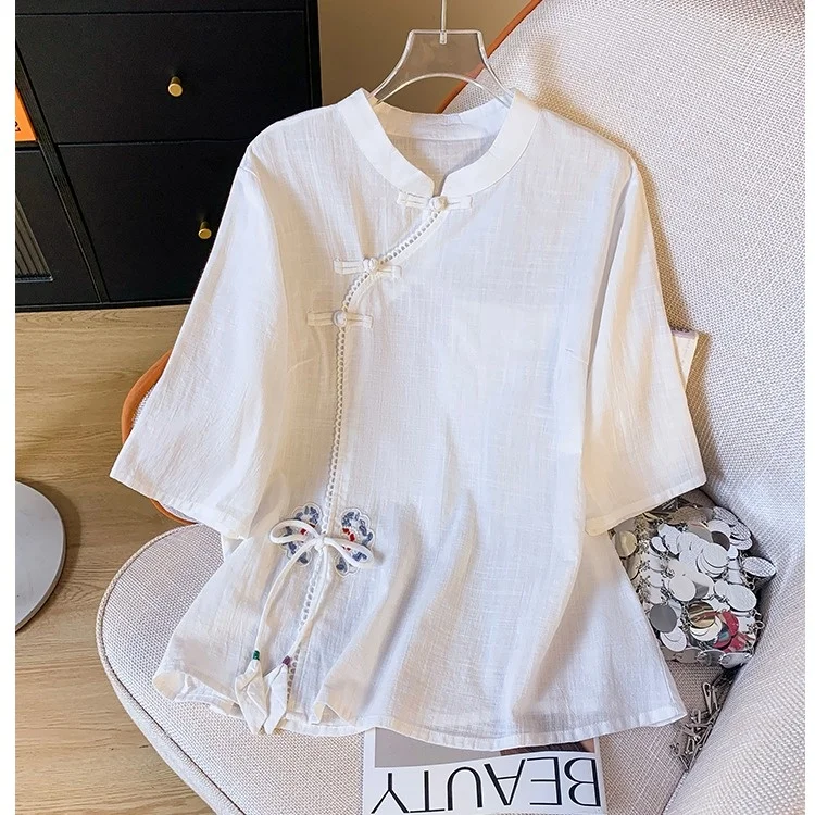 

New Chinese Sle Cotton Linen irt Women's Summer Stand Collar Embroidered Button ort Sve Loose Fit Top