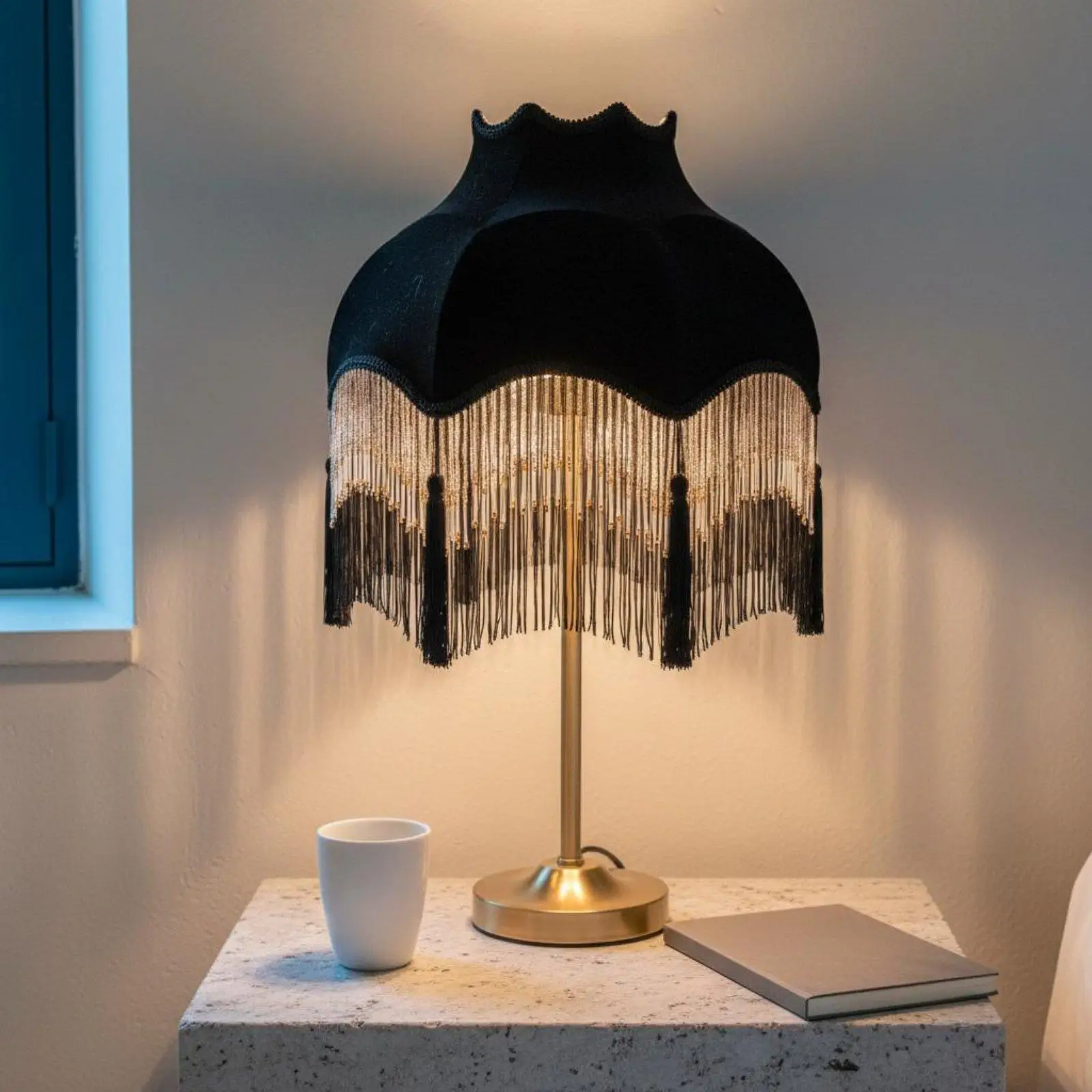 Elegant black velvet lampshade with fringe and tassels, luxurious lampshade