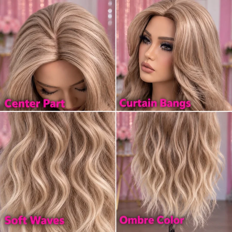 Hand Tied Lace Front Wig for Women Long Wavy Ombre Brown Blonde Hair Center Part Long Curtain Bangs Natural Face Framing