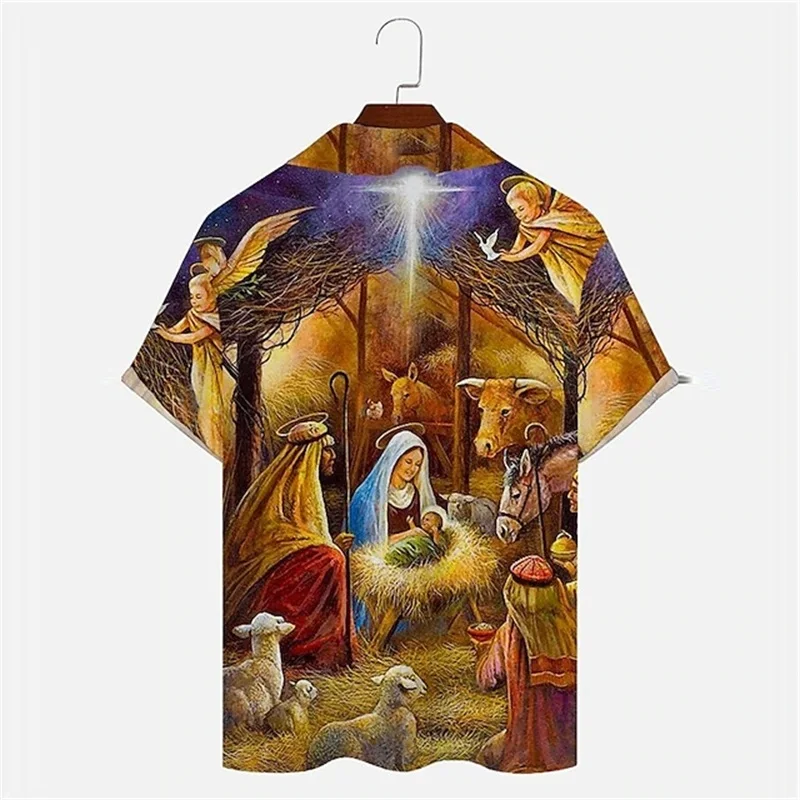 3D Printed Jesus Artistic Men's Resort Hawaiian Button Up Shirts Summer Short Sleeve Plus Size Vacation Tee Shirt Blouse