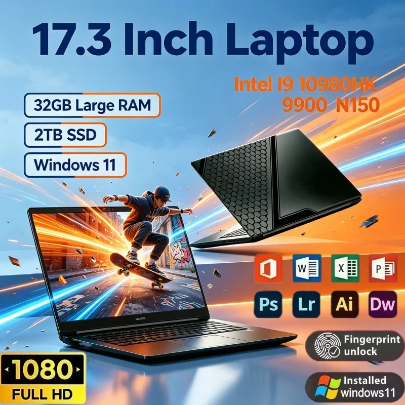 17.3 Inch Large Display Laptop Intel I9‑10980HK I9‑9900 N150 32GB RAM 2TB SSD Fingerprint Unlock Win11 Business Office Working