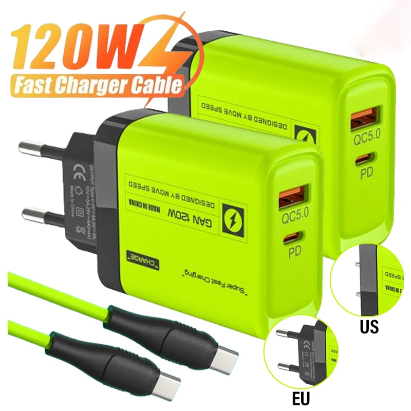 120W USB C 2Ports Charger Kit Green Wall Plug EU/US/UK Adapter Fast Charging Dual USB Type C Data Ca