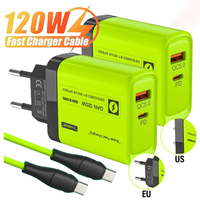 120W USB C 2Ports Charger Kit Green Wall Plug EU/US/UK Adapter Fast Charging Dual USB Type C Data CablesFor iPhone iPad