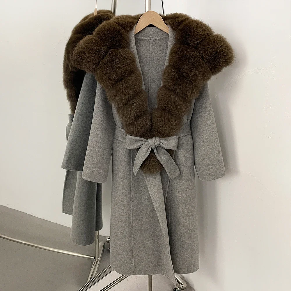 

Шерстяное пальто Верхняя одежда Женское теплое пальто из натурального меха Новое лисье меховое 100% пальто Женская длинная шерстяная куртка с длинными рукавами Осень Зима